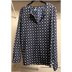 Polo Ralph Lauren Long Sleeve Blouse Navy Geometric Print Loose Fit V Neck L